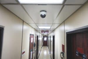 Security camera dome mounted on white ceiling tile in a clinical hallway