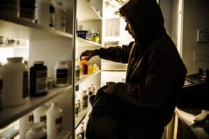 Secure medical cabinet under surveillance in hospital pharmacy