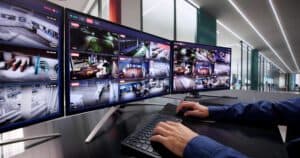 Operator monitor screens showing multiple security cameras with line crossing alerts configured