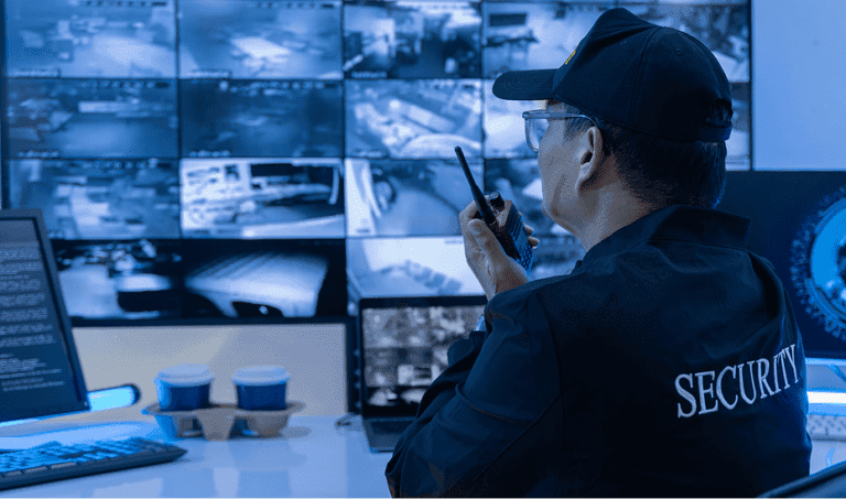 A security operator holding a radio in a monitoring center observing display feeds
