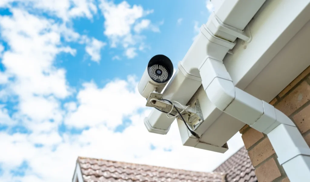 An outdoor security camera mounted on a brick wall under white roof gutters