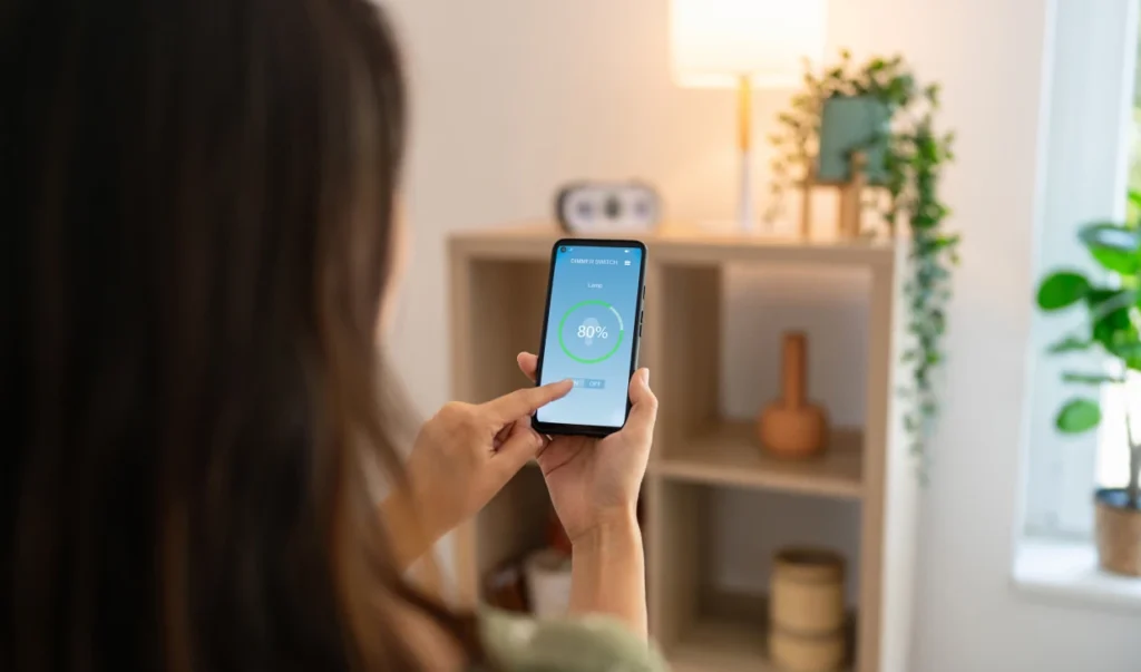 A person using a residential smartphone app to monitor home security