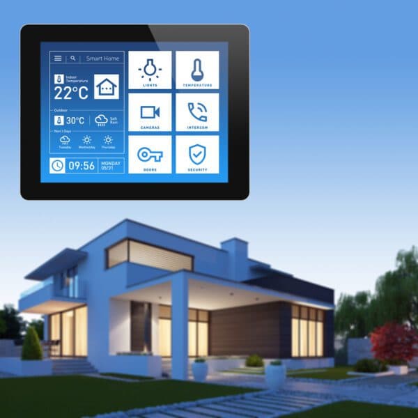 A modern white smart home control panel overlay on a photo of a luxury residential home