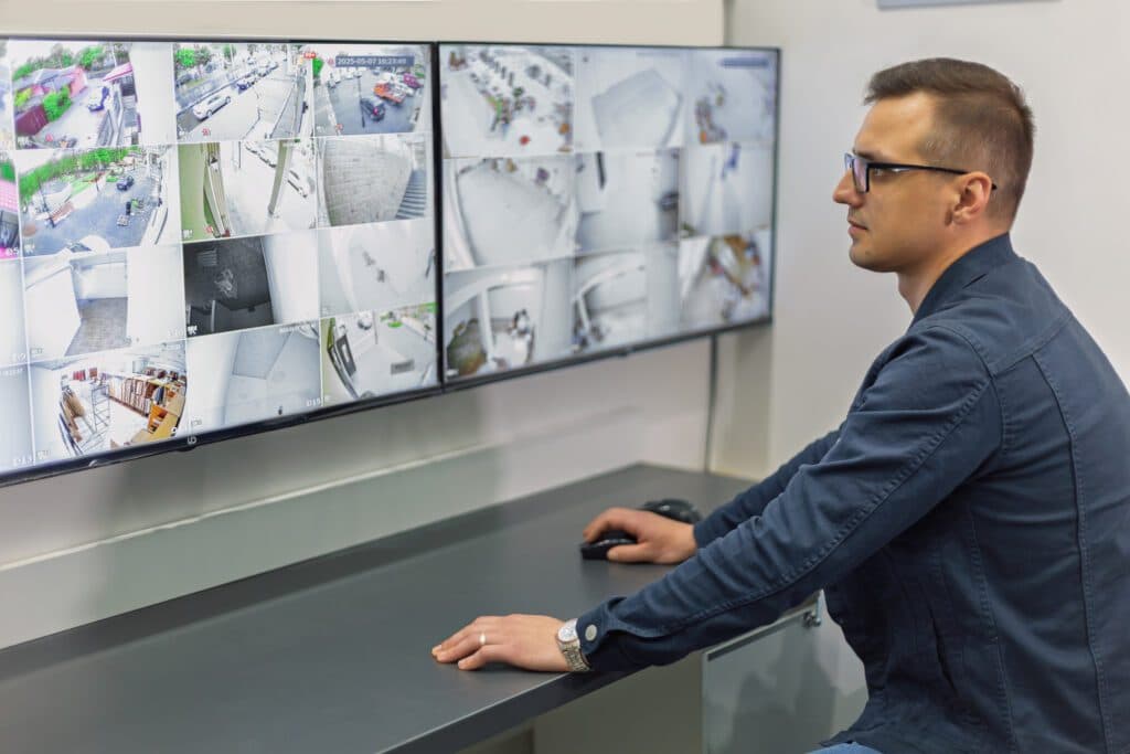 A technician sitting at a desk monitoring multiple security display feeds showing camera streams