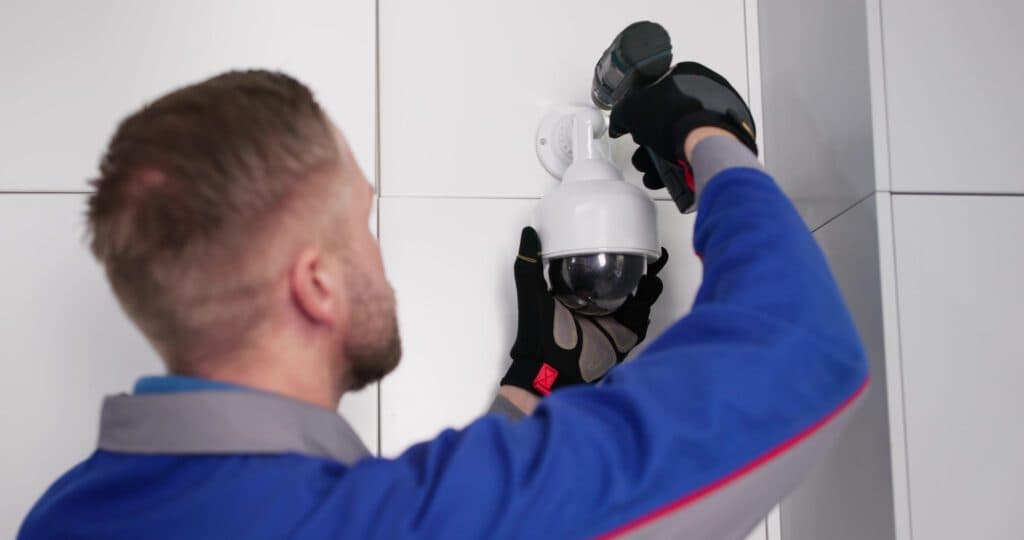 A technician installing and mounting a white dome security camera on a tile wall