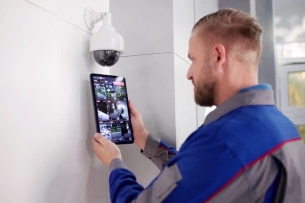 Security supervisor holding tablet showing live camera streams in front of dome camera
