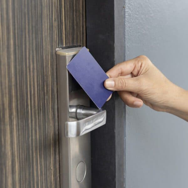 Electronic card reader access control system on church door