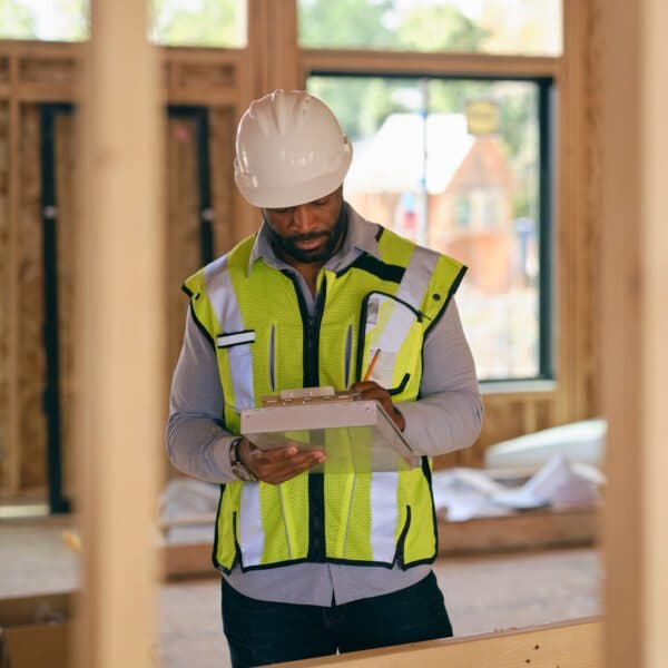Construction manager inspecting job site safety