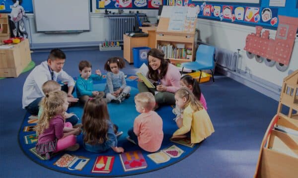 Children and teachers sitting in a circle reading a book in a daycare center classroom