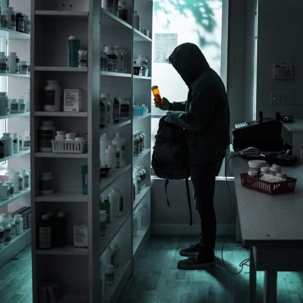 Surveillance footage of an intruder stealing medication from pharmacy shelves at night