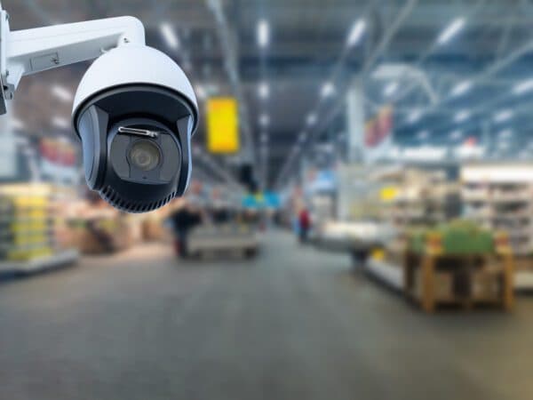 Security dome camera mounted inside a large department store or supermarket
