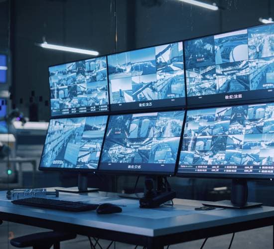Array of security monitoring screens showing real-time store camera feeds