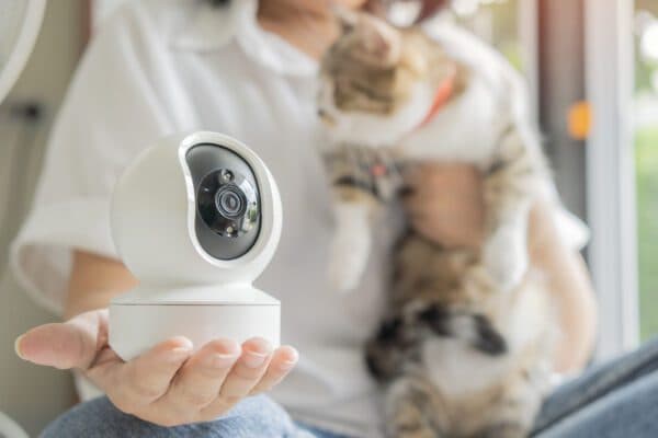 Small security camera held in hand with a cat sitting in the background