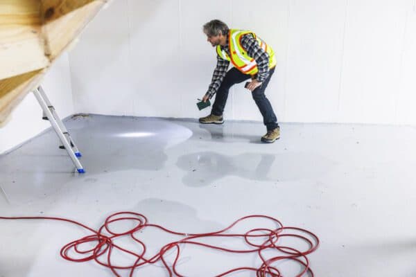 Inspector checking concrete floor for leaks and flood puddles next to red power cord