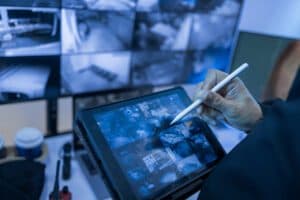 Hand using a stylus on a tablet showing security feeds